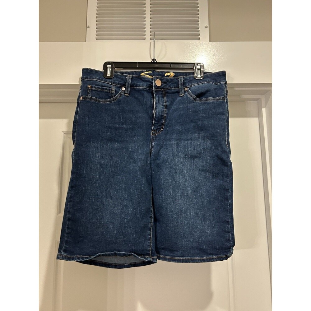 Seven7 Women's Dark Blue Bermuda Jean Denim Shorts Stretch Size 14 Jorts Modest